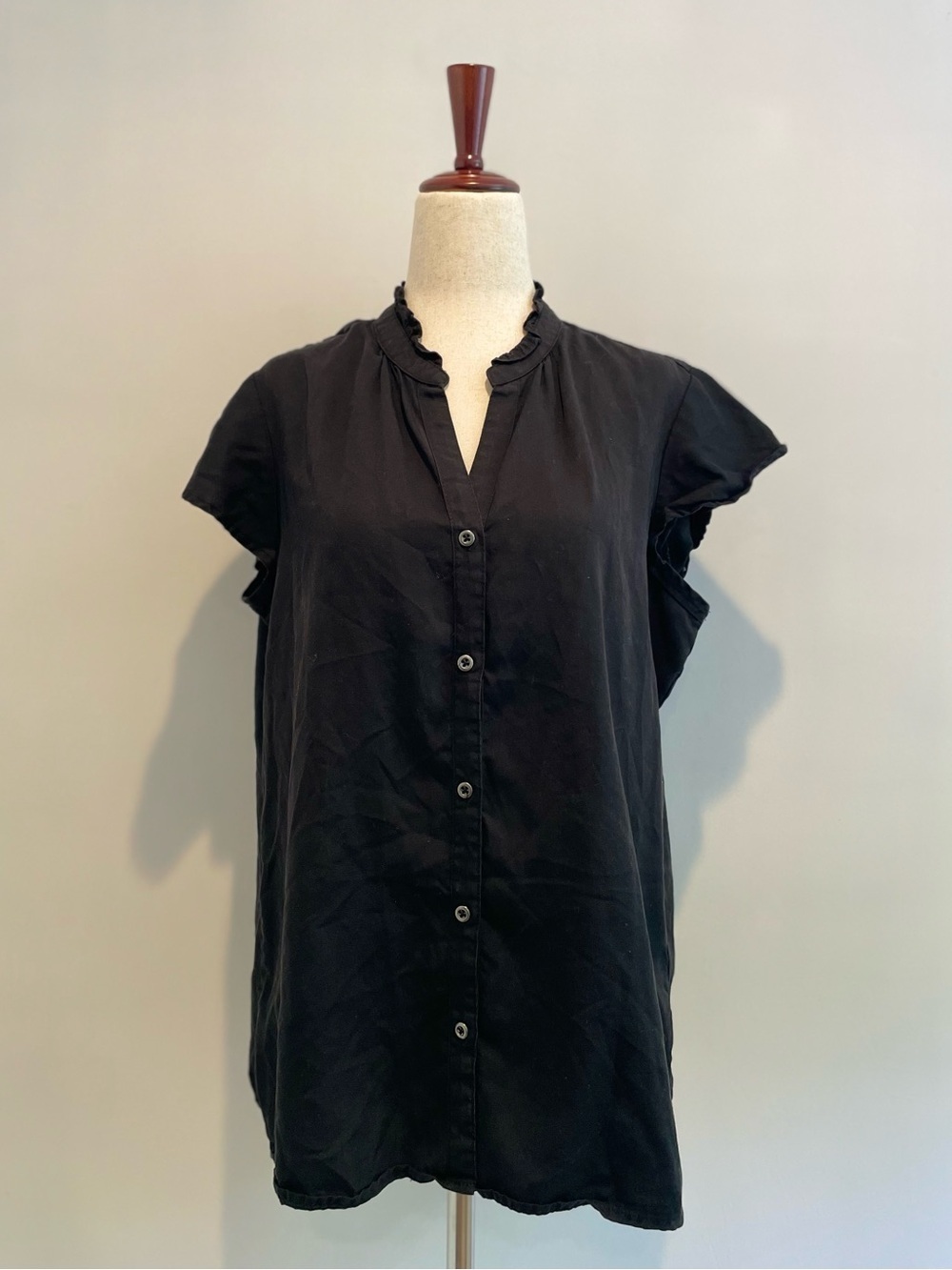 Saks Fifth Avenue Black Ruffle Neck Button-Front Blouse EUC - size medium